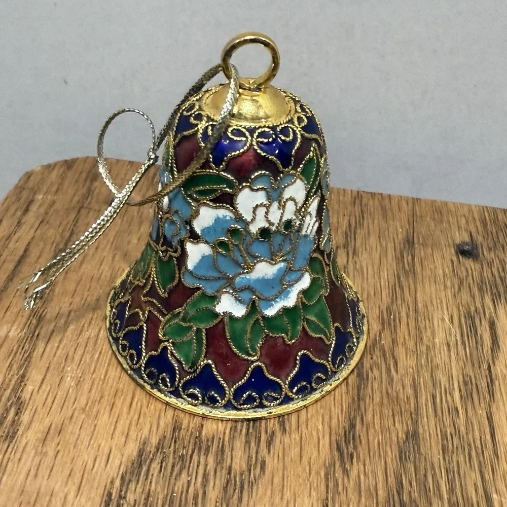 Vintage Enamelware Cloisonné‎ Crimson Red And Blue Floral Gold Trim